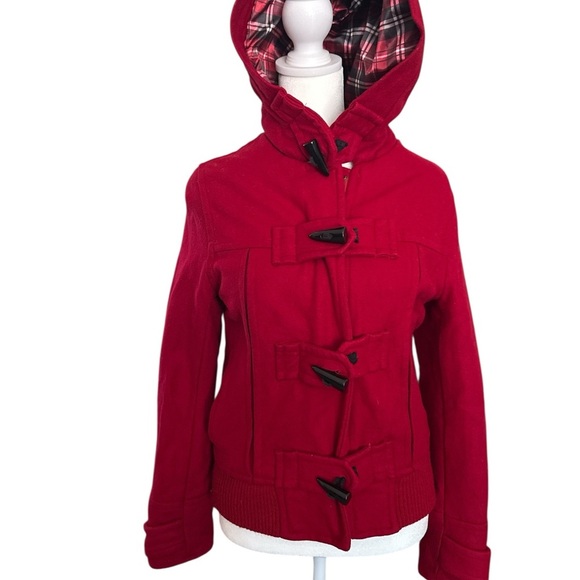Forever 21 Red Toggle Button Hooded Jacket Women’s Size Small | Plaid Lined Coat - Picture 2 of 8